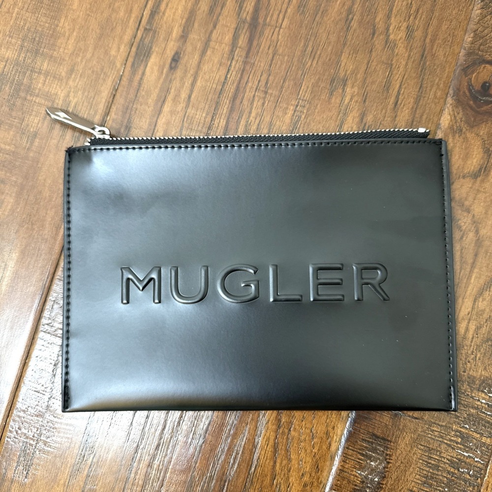 NEW Mugler Zipper Pouch Bag Faux Leather Jewelry Coin Wallet Logo Star Embossed